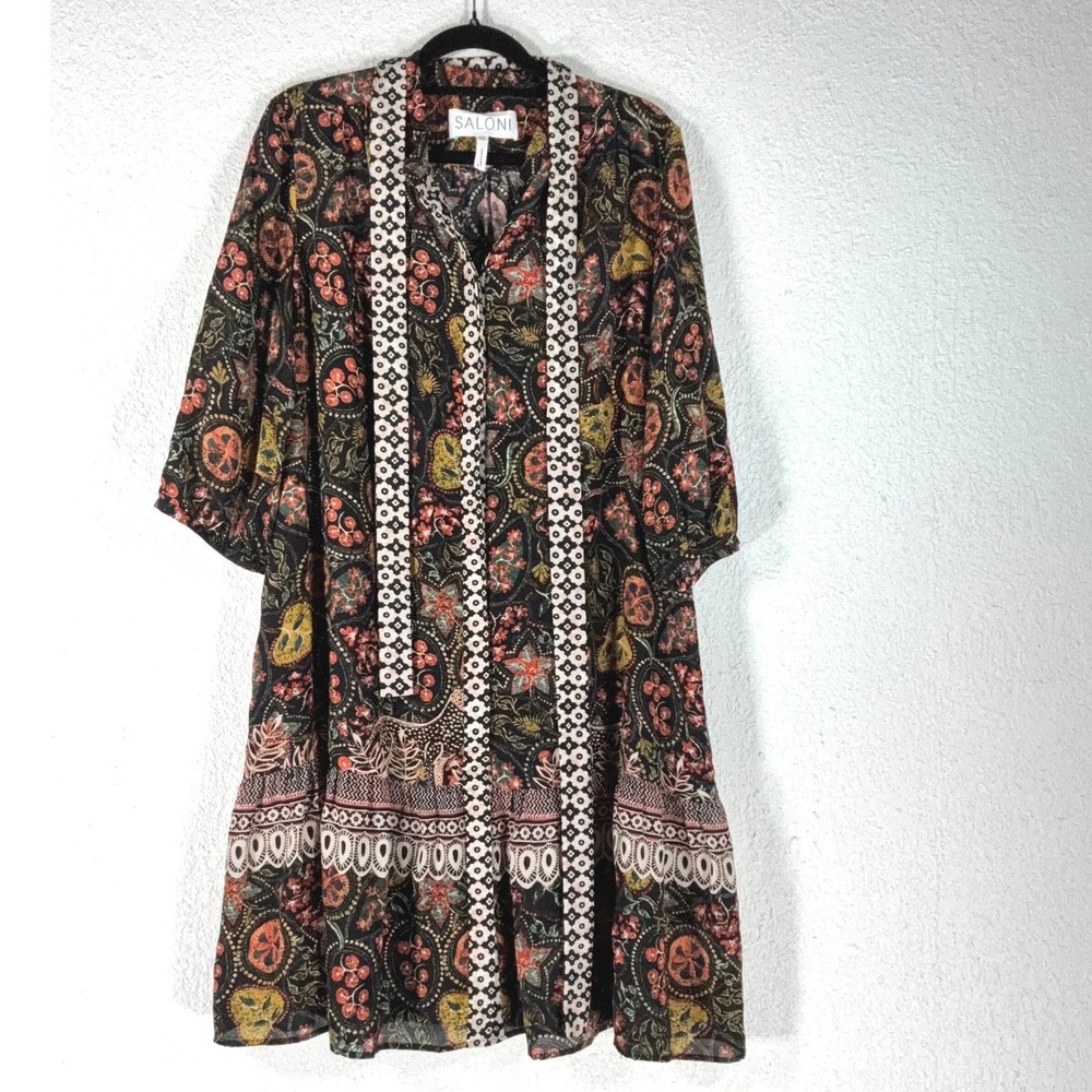 Saloni Black Silk Paisley Tiered Mini Dress - Size 6 - Floral Boho Luxe Designer